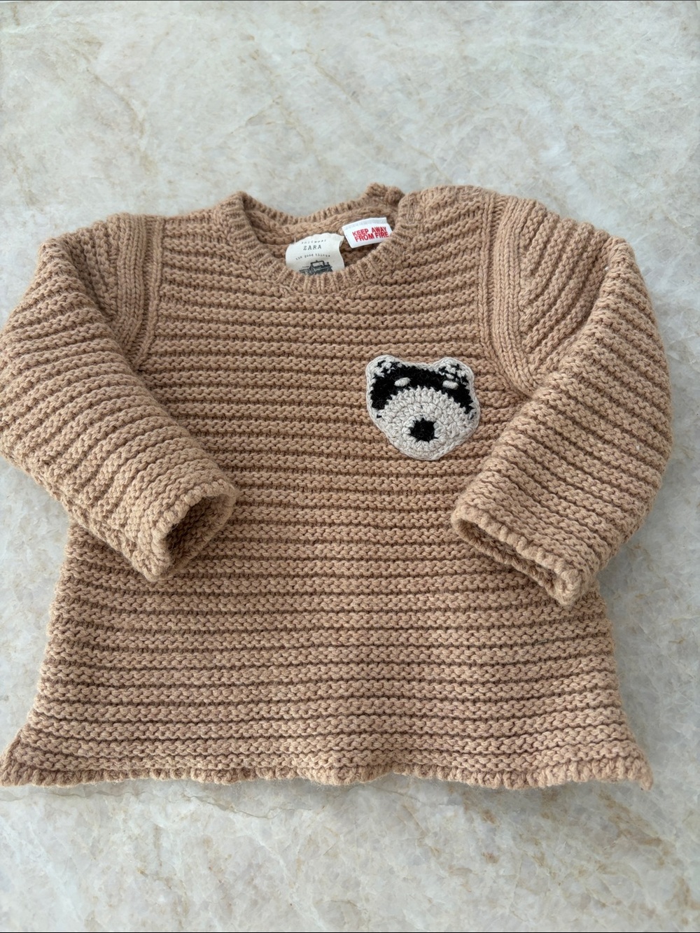 Zara Baby Knit Sweater in Camel with Black & White Bear Patch